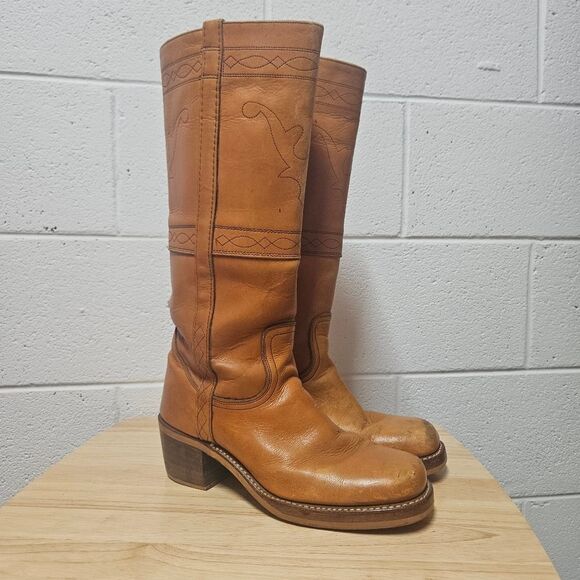 Vintage 70s Tall Campus Boots Mens 8 D Square Toe Orange USA Western - Picture 3 of 8